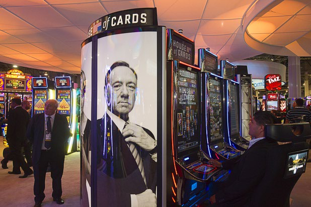 The image of actor Kevin Spacey is shown on by House of Cards-themed slot machines at the IGT booth during the Global Gaming Expo (G2E) at the Sands Expo Center Tuesday, Sept. 29, 2015. Spacey plays Majority House Whip Francis Underwood in the television series.