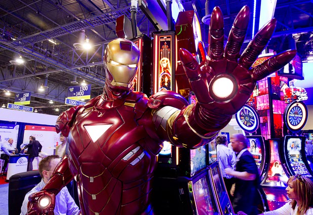 An Ironman figure decorates Ironman slot machines during the Global Gaming Expo (G2E) at the Sands Expo Center Tuesday, Sept. 29, 2015.