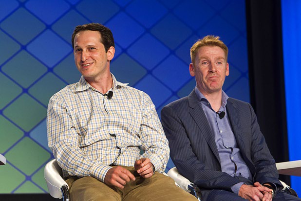 Jason Robins, left, CEO of DraftKings, and Chris Sheffield of Penn National Gaming take part in a fantasy sports and sports betting panel at the Global Gaming Expo (G2E) Tuesday, Sept. 29, 2015.
