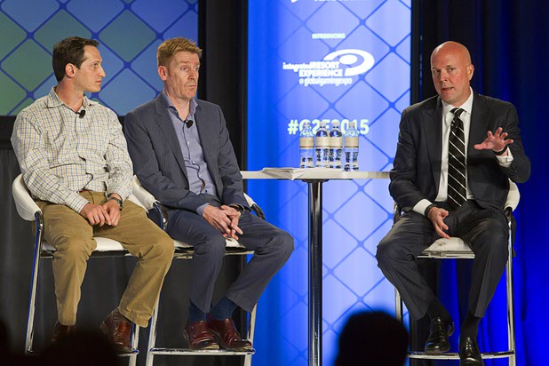 Jason Robins, left, CEO of DraftKings, Chris Sheffield, center, of Penn National Gaming, and Jeff Burge of CG Technology take part in a fantasy sports and sports betting panel at the Global Gaming Expo (G2E) Tuesday, Sept. 29, 2015.