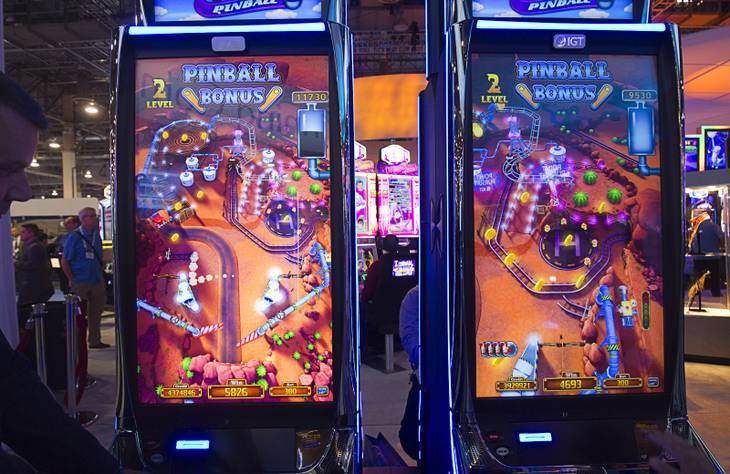 A skill-based pinball bonus game is shown on an IGT Texas Tea slot machine during the second day of the Global Gaming Expo (G2E) in the Sands Expo Center Wednesday, Sept. 30, 2015.