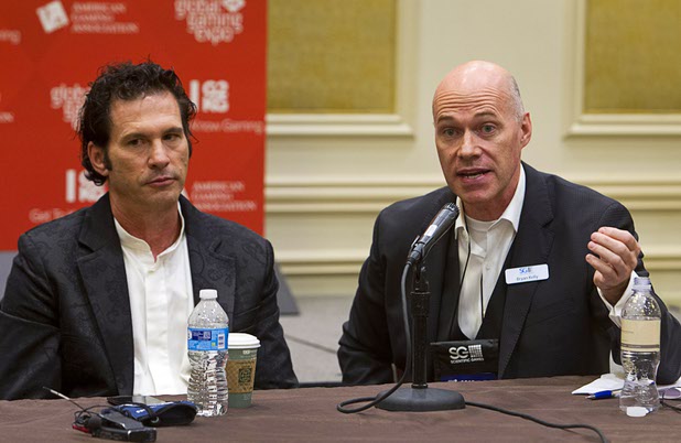 Eric Meyerhofer, left, CEO of Gamblit Gaming, and Bryan Kelly, senior vice president of technology for Scientific Games, take part in a skill-based gaming panel during the second day of the Global Gaming Expo (G2E) Wednesday, Sept. 30, 2015.