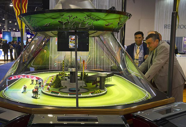 A Royal Derby machine is displayed in the Alfastreet booth during the second day of the Global Gaming Expo (G2E) in the Sands Expo Center Wednesday, Sept. 30, 2015.