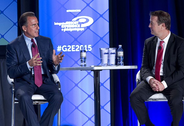 Mark Frissora, left, CEO/president of Caesars Entertainment, talks with moderator Bo Bernhard, executive director of the International Gaming Institute at UNLV, during a CEO round table at the Global Gaming Expo (G2E) in the Sands Expo Center Wednesday, Sept. 30, 2015.