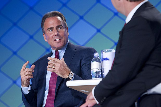 Mark Frissora, left, CEO/president of Caesars Entertainment, talks with moderator Bo Bernhard, executive director of the International Gaming Institute at UNLV, during a CEO round table at the Global Gaming Expo (G2E) in the Sands Expo Center Wednesday, Sept. 30, 2015.