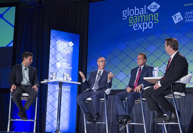 From left: Greg Carlin, CEO of Rush Street Gaming, Gavin Isaacs, CEO of Scientific Games, and Mark Frissora, CEO/president of Caesars Entertainment, take part in CEO round table during the Global Gaming Expo (G2E) in the Sands Expo Center Wednesday, Sept. 30, 2015.  Bo Bernhard, far right, executive director of the International Gaming Institute at UNLV, moderated the forum.