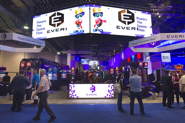 A view of the Everi booth during the Global Gaming Expo (G2E) in the Sands Expo Center Thursday Oct. 1, 2015.