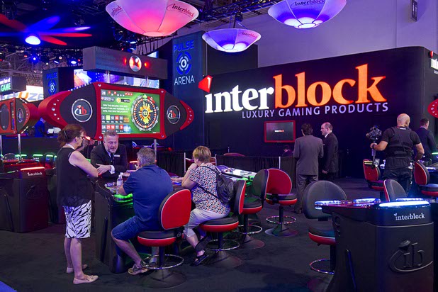 A view of the Interblock booth during the Global Gaming Expo (G2E) in the Sands Expo Center Thursday Oct. 1, 2015.