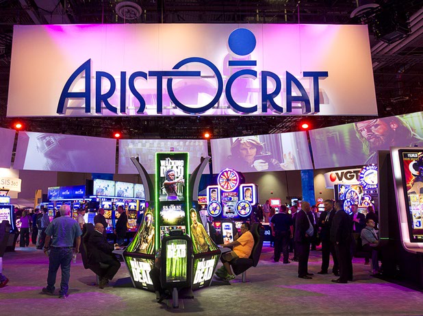 A view of the Aristocrat booth during the Global Gaming Expo (G2E) in the Sands Expo Center Thursday Oct. 1, 2015.