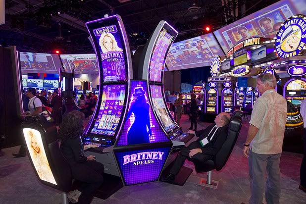 A view of a Britney Spears-themed slot machine in the Aristocrat booth during the Global Gaming Expo (G2E) in the Sands Expo Center Thursday Oct. 1, 2015.