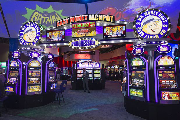 A view slot machines in the Aristocrat booth during the Global Gaming Expo (G2E) in the Sands Expo Center Thursday Oct. 1, 2015.