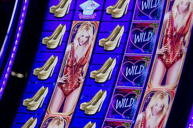 A view of a Britney Spears-themed slot machine in the Aristocrat booth during the Global Gaming Expo (G2E) in the Sands Expo Center Thursday Oct. 1, 2015.