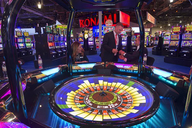 An electronic roulette machine is displayed in the Aruze booth during the Global Gaming Expo (G2E) in the Sands Expo Center Thursday Oct. 1, 2015.