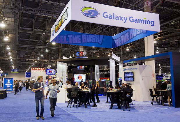 A view of the Galaxy Gaming booth during the Global Gaming Expo (G2E) in the Sands Expo Center Thursday Oct. 1, 2015.