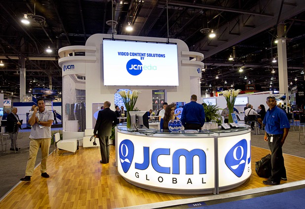 A view of the JCM Global booth during the Global Gaming Expo (G2E) in the Sands Expo Center Thursday Oct. 1, 2015.