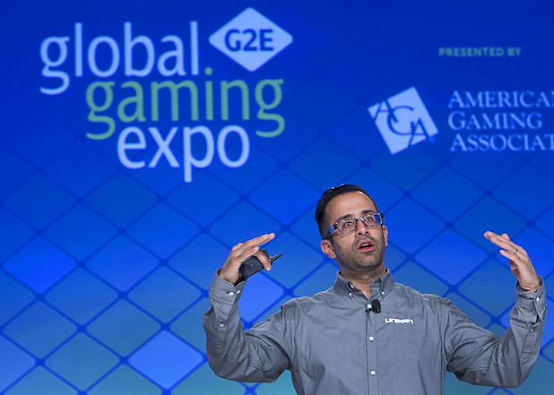 Rahul Sood, CEO and Co-Founder of Unikrn, a Seattle, WA based gaming and entertainment Company focused on eSports, gives a keynote address during the Global Gaming Expo (G2E) in the Sands Expo Center Thursday Oct. 1, 2015.