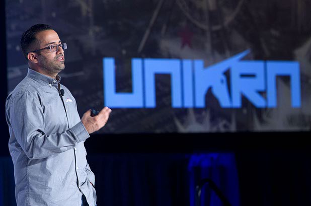 Rahul Sood, CEO and Co-Founder of Unikrn, a Seattle, WA based gaming and entertainment Company focused on eSports, gives a keynote address during the Global Gaming Expo (G2E) in the Sands Expo Center Thursday Oct. 1, 2015.