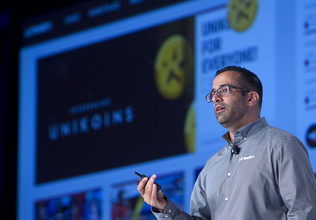 Rahul Sood, CEO and Co-Founder of Unikrn, a Seattle, WA based gaming and entertainment Company focused on eSports, gives a keynote address during the Global Gaming Expo (G2E) in the Sands Expo Center Thursday Oct. 1, 2015.