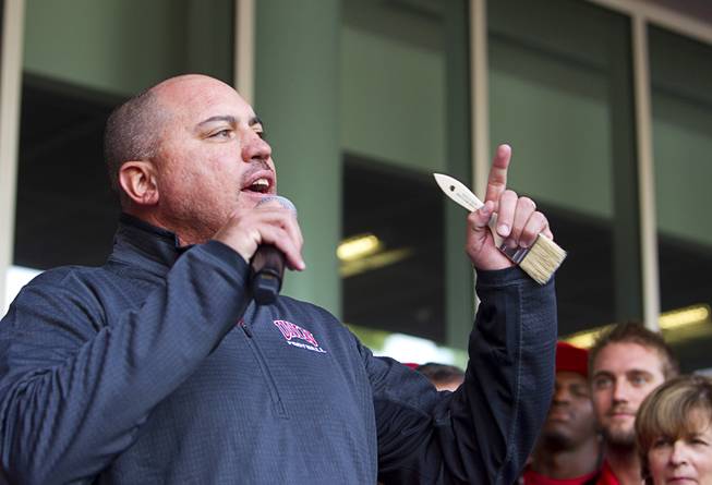 UNLV football coach Tony Sanchez speaks during a cannon-painting ceremony Monday, Oct. 5, 2015, at UNLV. The Rebels recovered the Fremont Cannon after defeating the Wolfpack 23-17 on Saturday in Reno.