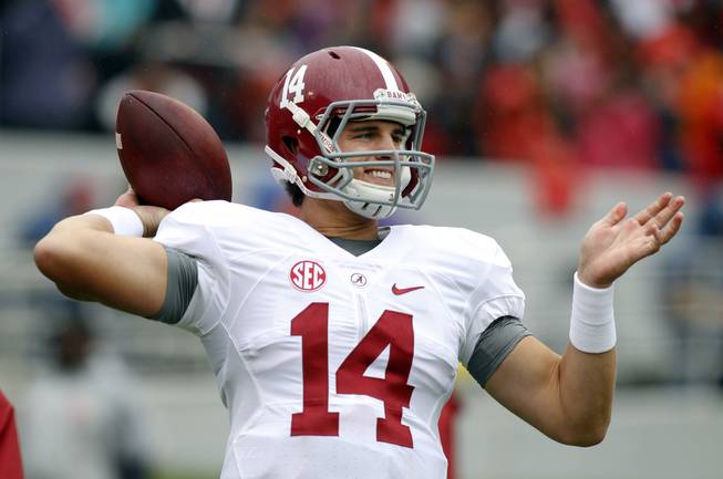 Alabama quarterback Jake Coker warms up before an NCAA college football game against Georgia, Saturday, Oct. 3, 2015, in Athens, Ga.