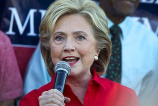 Democratic presidential candidate and former Secretary of State Hillary Clinton speaks during a Culinary Workers Union, Local 226, demonstration by the Trump International Hotel Monday, Oct. 12, 2015.