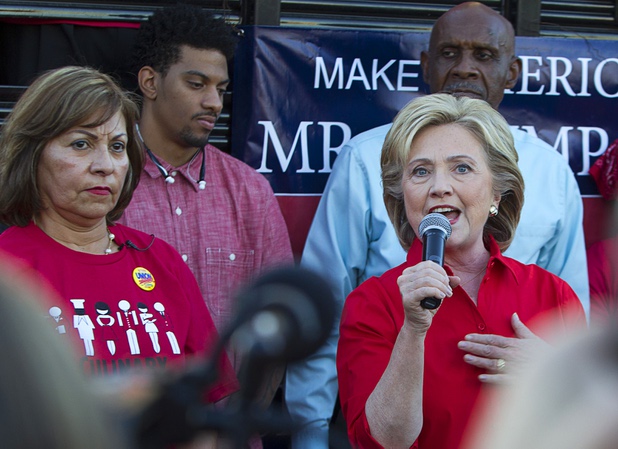 Democratic presidential candidate Hillary Rodham Clinton speaks during a Culinary Union demonstration Monday, Oct. 12, 2015, near Trump International Hotel. Geoconda Arguello Kline, secretary-treasurer of Culinary Workers Union Local 226, listens at left.