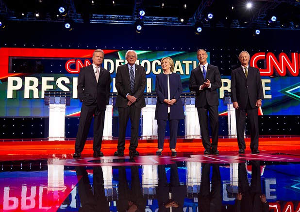 Democratic presidential candidates, from left, Jim Webb, Bernie Sanders, Hillary Clinton, Martin O'Malley, and Lincoln Chafee take the stage during the CNN Democratic Presidential Debate at the Wynn Las Vegas Tuesday, Oct. 13, 2015.