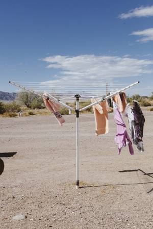 A drying rack with towels at Tecopa, CA on October 1, 2015.