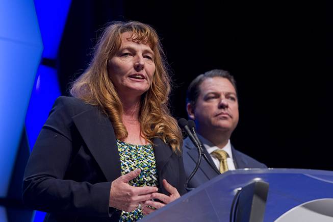 Clark County Commissioner Marilyn Kirkpatrick, left, and State Sen. Michael Roberson during the annual Las Vegas Global Economic Alliance dinner at Aria Thursday, Oct. 15, 2015.