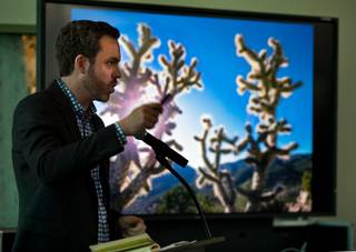 Bureau of Land Management Director Neil Kornze speaks about his love of the land during a Nevada celebration at Springs Preserve to commemorate the recent designation of Basin and Range National Monument on Saturday, October 17,  2015.  L.E. Baskow.