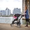 The 4moms Origami Stroller has a power-folding function that folds the stroller with the click of a button. It also is a cellphone-charging, mileage-counting, LCD-sporting stroller, with generators in the rear wheels that charge the stroller as you walk. 
