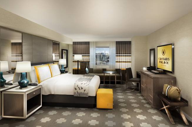 A rendering by KNA Design of a king guest room in the renovated Julius Tower at Caesars Palace in Las Vegas.