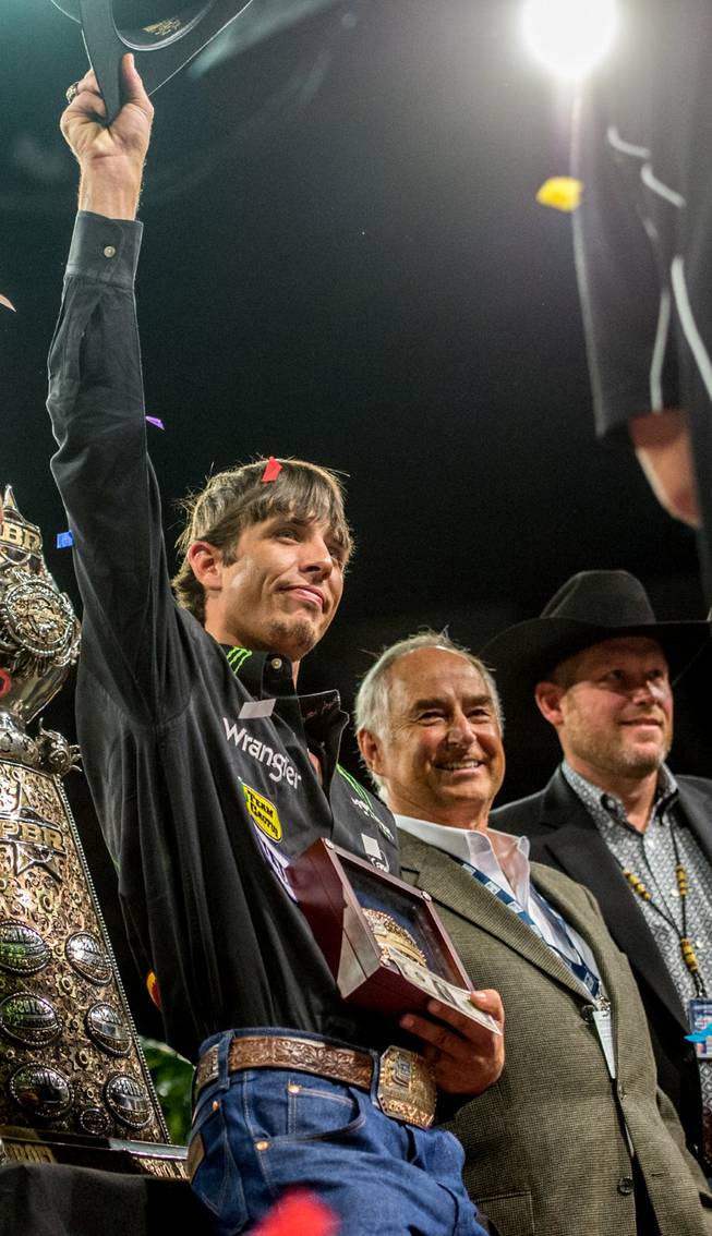 The fifth and final round of the 2015 PBR Built Ford Tough World Finals on Sunday, Oct. 25, 2015, at the Thomas & Mack Center. New 2015 world champion and $1 million bonus winner J.B. Mauney of Mooresville, N.C., is pictured here.