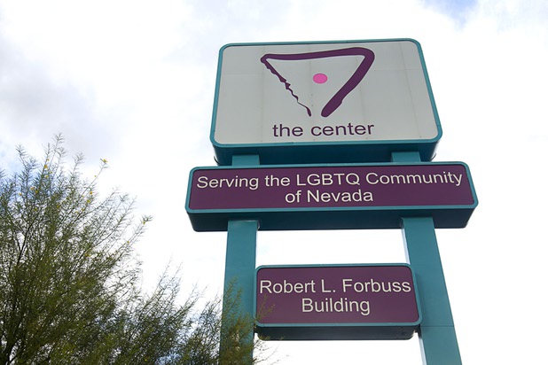 A sign for The Center in downtown Las Vegas Wednesday, Nov. 4, 2015.