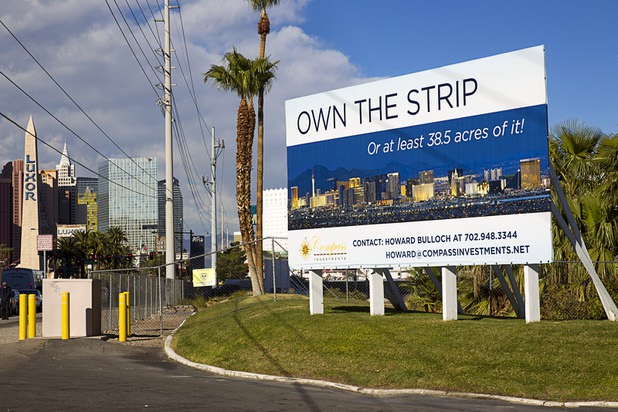 A sign advertises land at the SkyVue project across from Mandalay Bay on Monday, Nov. 23, 2015, on Las Vegas Boulevard South. The project was to be the site of an observation wheel.