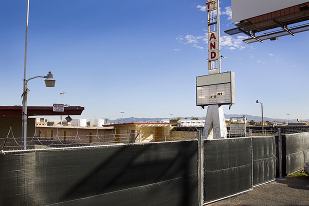 The old entrance to White Sands Motel, built in 1959, is shown on Las Vegas Boulevard South Monday, Nov. 23, 2015. The property is covered from view by fencing.