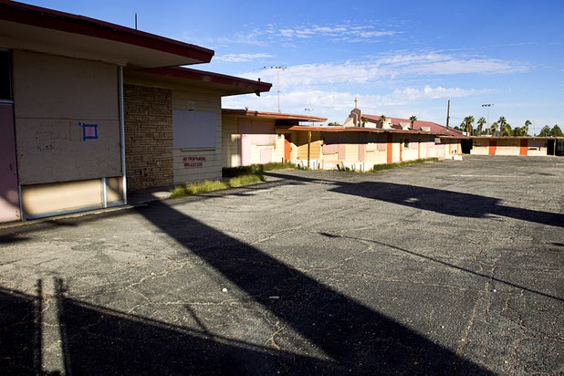 The White Sands Motel, built in 1959, is shown on Las Vegas Boulevard South Monday, Nov. 23, 2015. The property is covered from view by fencing.