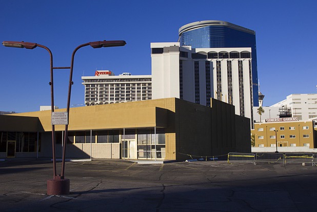 The Somerset Shopping Center is shown in front of the Riviera and stalled Fontainebleau Las Vegas project Monday, Nov. 23, 2015.