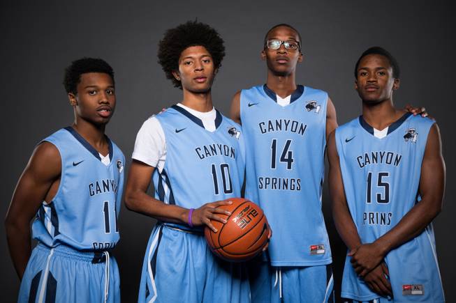 From left, Canyon Springs' mens basketball players; Laymon Jaskcon, Zaahid Muhammad, Darion Jackson, and Derrick Legardy, Thursday, Nov. 12, 2015.