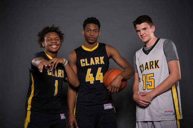 From left, Clark HS's mens basketball players; Keyshaun Webb, Darius Jackson and James Bridges, Thursday, Nov. 12, 2015.