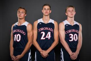 Coronado basketball players Travis Bowman, Jake Desjardins and Kennedy Koehler on Thursday, Nov. 12, 2015.