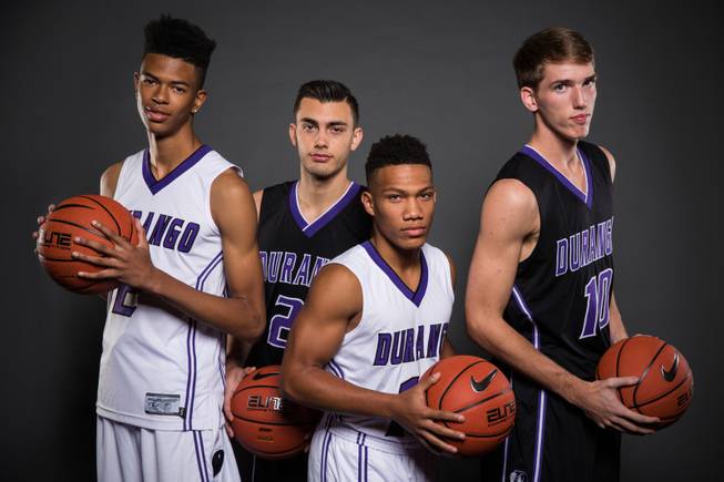From left, Durango's mens basketball players; Michael Diggins, Chase Ruiz, Demetrius Valdez and Jason Landman, Thursday, Nov. 12, 2015.