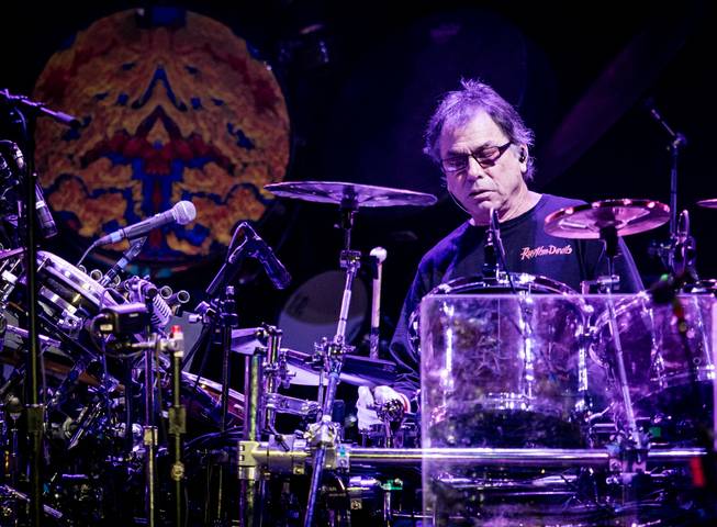 Dead & Company — Grateful Dead members Bob Weir on rhythm guitar and vocals and Mickey Hart and Bill Kreutzmann on drums; John Mayer on lead guitar and vocals; Oteil Burbridge on bass guitar; and Jeff Chimenti on keyboards — on Friday, Nov. 27, 2015, at MGM Grand Garden Arena.