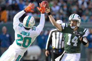 Miami Dolphins strong safety Reshad Jones (20) deflects a pass by New York Jets' Ryan Fitzpatrick (14) during the first half of an NFL football game Sunday, Nov. 29, 2015, in East Rutherford, N.J. (AP Photo/Bill Kostroun)