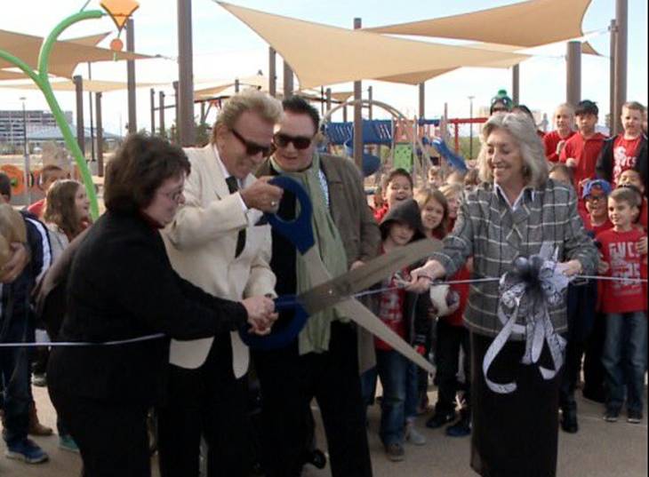 Siegfried Fischbacher and Roy Horn celebrate the official opening of their namesake park near Russell Road and Maryland Parkway, Friday, Dec. 4., 2015.
