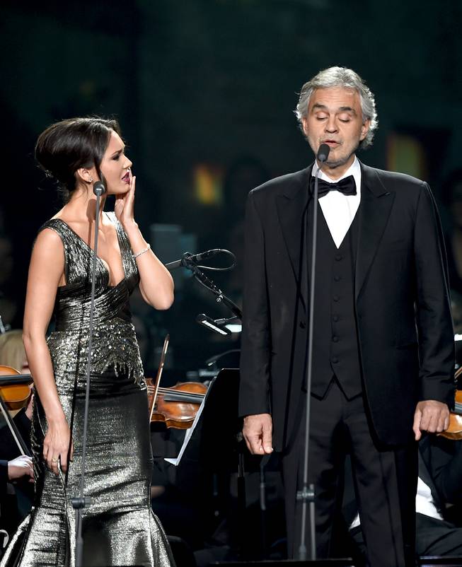 Aida Garifullina performs with Andrea Bocelli during their concert Saturday, Dec. 5, 2015, at MGM Grand Garden Arena.