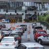Bumper-to-bumper traffic is diverted from two lanes to one Wednesday, Sept. 30, 2015, at Harmon Avenue and Las Vegas Boulevard. 