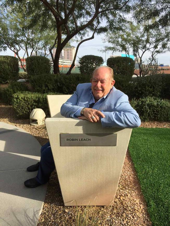 A bench is dedicated to Robin Leach at the Cleveland Clinic Lou Ruvo Center for Brain Health on Sunday, Dec. 6, 2015, in Symphony Park downtown.