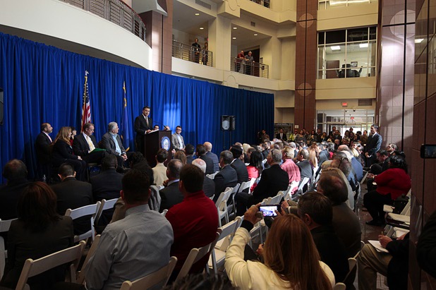 Nevada Governor Brian Sandoval speaks during a news conference at the Sawyer State Building in Las Vegas Thursday, Dec. 10, 2015. Sandoval was joined by Dag Reckhorn from electric-car startup Faraday Future who discussed plans to open its $1 billion factory in the city of North Las Vegas.