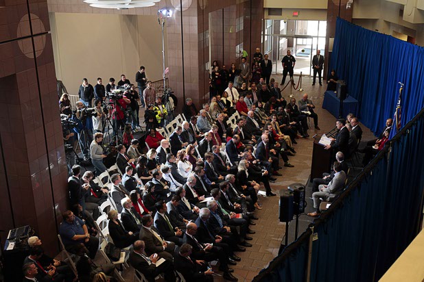 Nevada Governor Brian Sandoval speaks during a news conference at the Sawyer State Building in Las Vegas Thursday, Dec. 10, 2015. Sandoval was joined by Dag Reckhorn from electric-car startup Faraday Future who discussed plans to open its $1 billion factory in the city of North Las Vegas.
